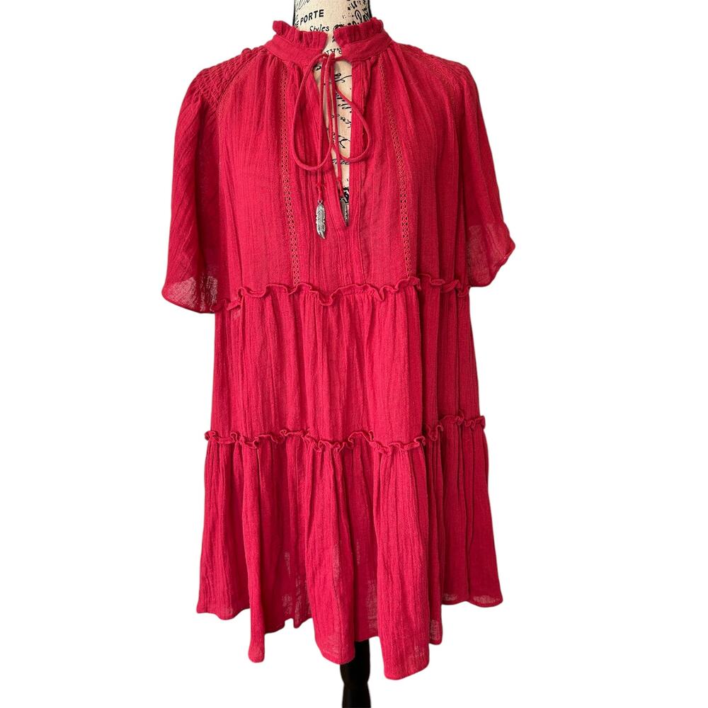 Karlie Linen blend tiered crocheted lace smocked v-neck  boho mini dress. Size L